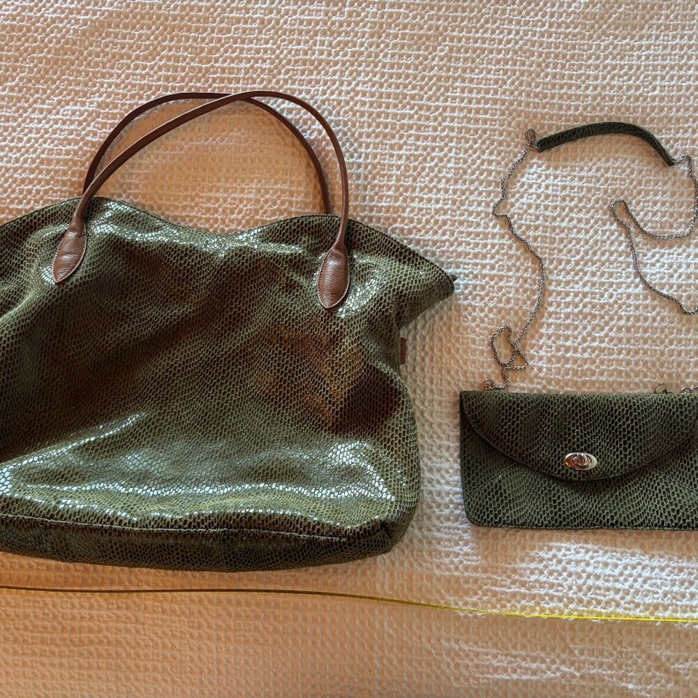 Sorial Olive Snake Embossed Leather Tote + Crossbody Pouch Large Fall Bag
